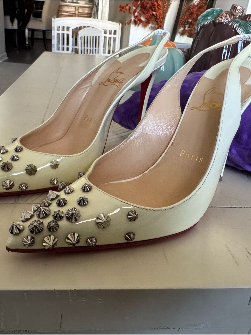 Christian Louboutin Ivory Patent Studded Slingback Pumps